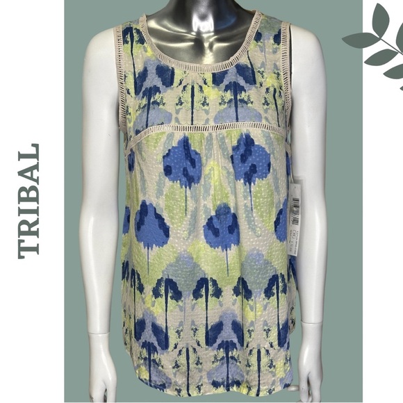 Tribal Blouse Sleeveless Ladder Lace Watercolor Print Blue Green Wild Lime  XS - Picture 4 of 9